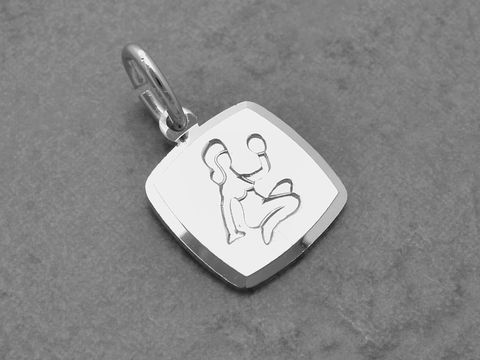 Silber Anhänger im eckigen Design mit dem Sternzeichen Jungfrau, hergestellt vom Juwelier Harnisch, zeigt eine stilisierte Darstellung der Jungfrau.
