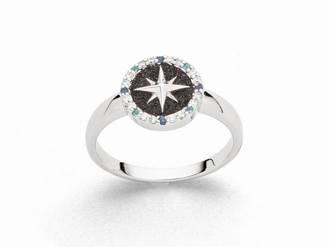 Sterling Silber Ring von DUR mit rhodiniertem Finish, Lavasand und Zirkonia besetzt, Größe 54, im Design einer Kompassrose, ideal für stilvolle Akzente.