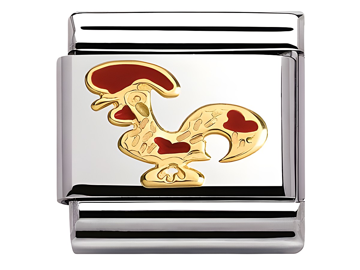 Bicolor Charm mit einem goldenen Galo de Barcelos Motiv auf silbernem Grund, symbolisiert Glück und Heimat, für die Nomination Classic Kollektion geeignet.