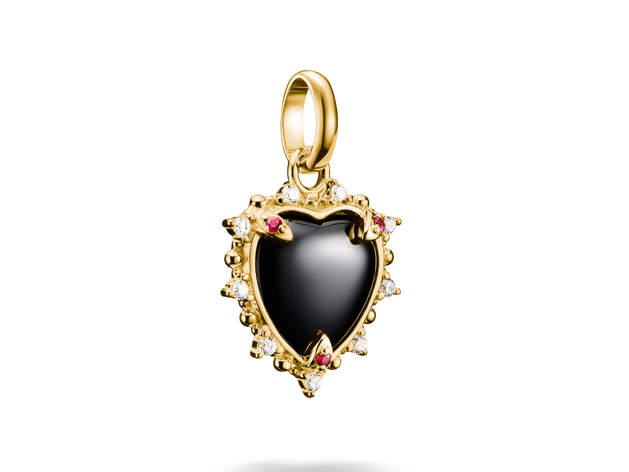 Charm von Thomas Sabo in Herzform aus Silber und Gelbgoldvergoldung, verziert mit einem lab grown Rubin und Zirkonia, Teil der Charm Club CONNECT Kollektion.