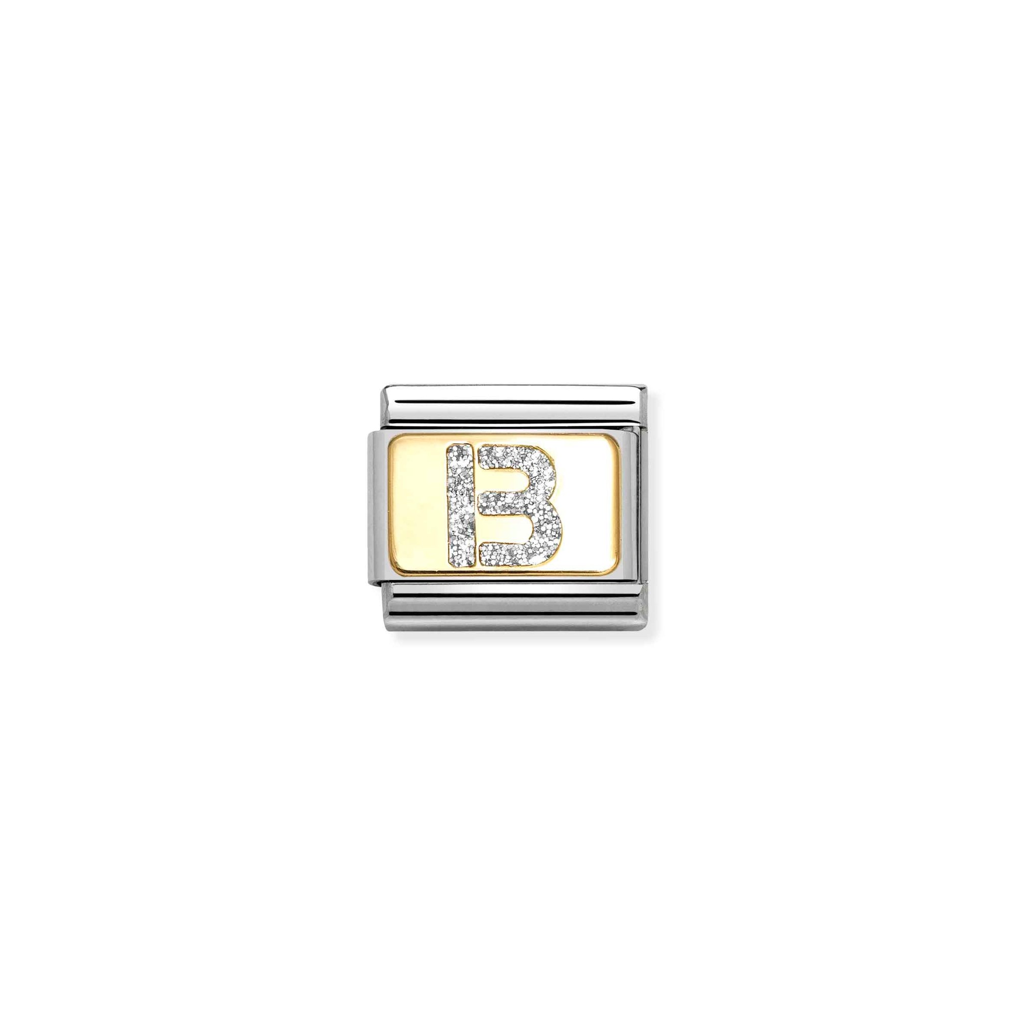 Nomination Composable Classic Charm Buchstabe B Silberglitzer - Edelstahl, Gold 750, Emaille