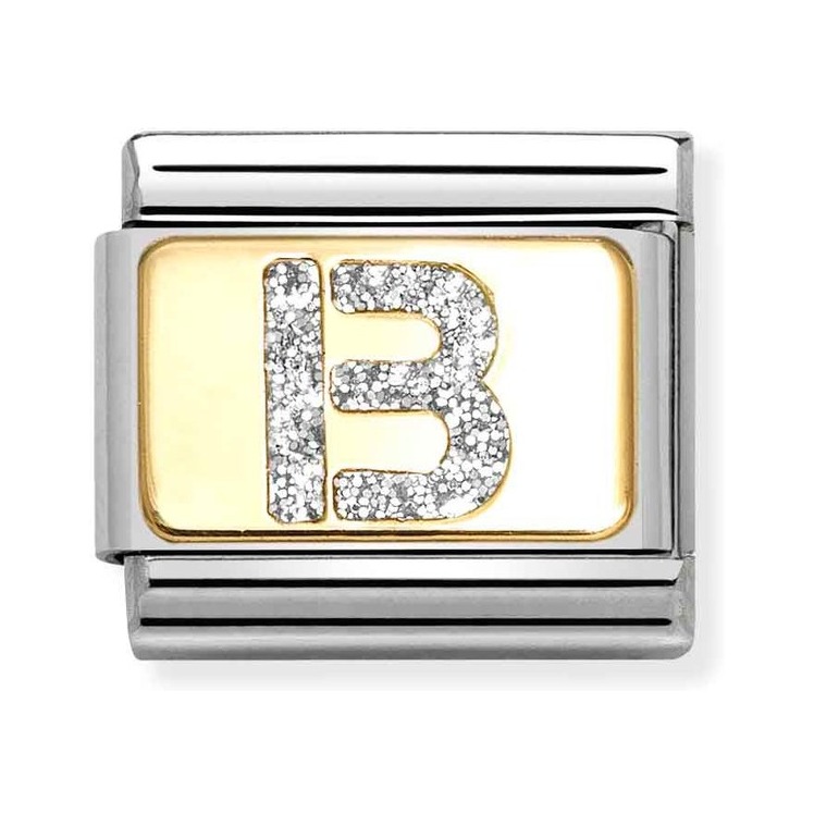 Nomination Composable Classic Charm Buchstabe B Silberglitzer - Edelstahl, Gold 750, Emaille