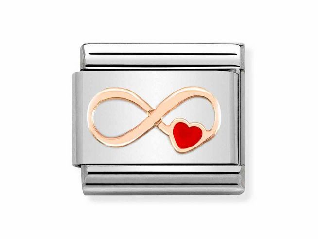 Das Bild zeigt ein Charm von Nomination, gefertigt aus Edelstahl in Roségold und Emaille. Das Design zeigt ein Unendlichkeitszeichen mit einem roten Herzchen.