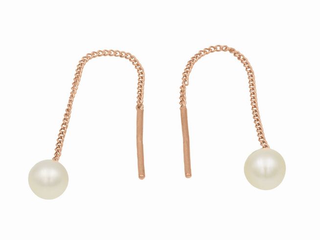 Ohrhänger aus vergoldetem Roségold mit polierten Ketten und weißen Süßwasserperlen, elegant und modern, Hersteller Juwelier Harnisch, ideal für jeden Anlass.