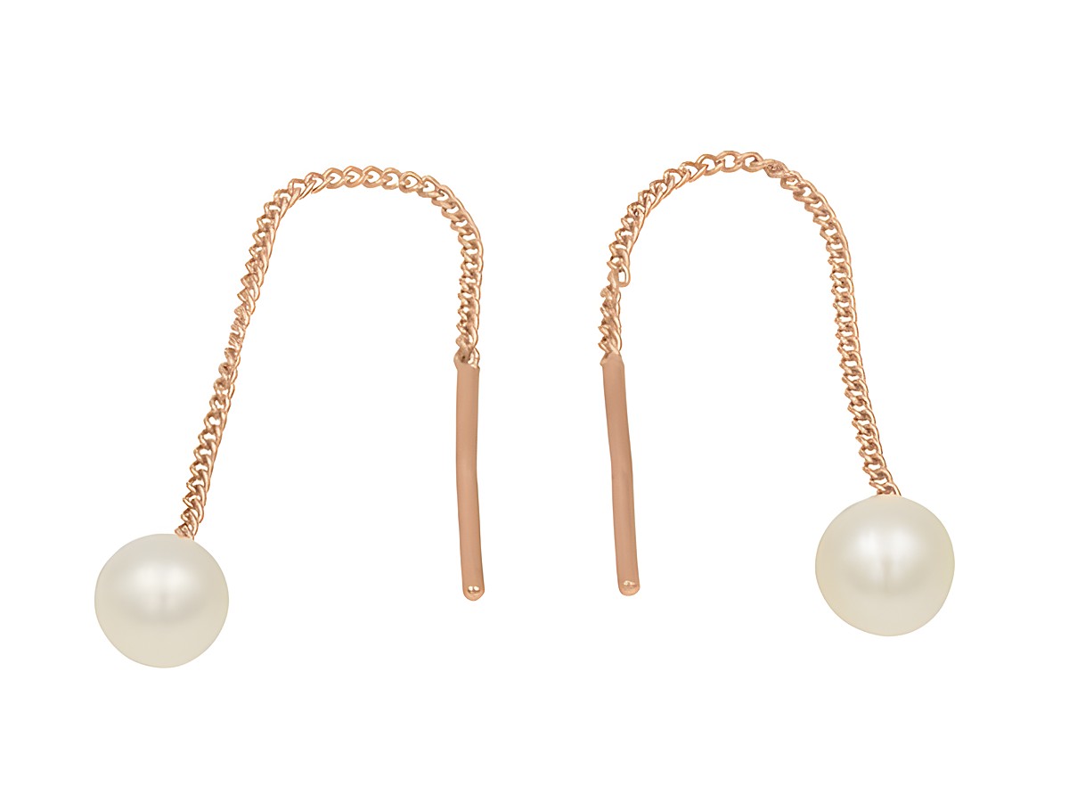 Ohrhänger aus vergoldetem Roségold mit polierten Ketten und weißen Süßwasserperlen, elegant und modern, Hersteller Juwelier Harnisch, ideal für jeden Anlass.