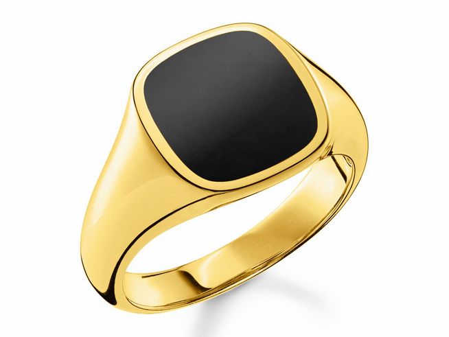 Thomas Sabo Ring TR2332-177-11-56 aus Sterling Silber, vergoldet in Gelbgold, mit schwarzem Onyx, Größe 56, elegantes Design mit quadratischer Oberfläche.