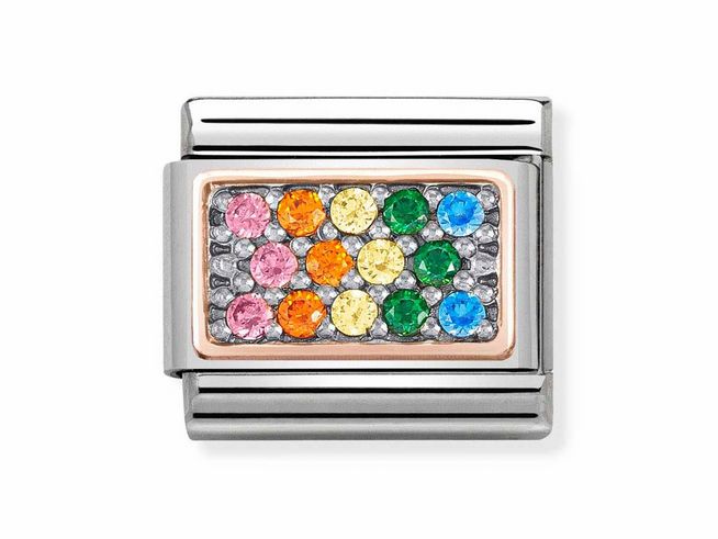 Zirkonia Charm von Nomination in Roségold mit bunten Regenbogensteinen in pink, orange, gelb, grün und blau, umgeben von einem silbernen Rahmen, ideal für elegante Armbänder.