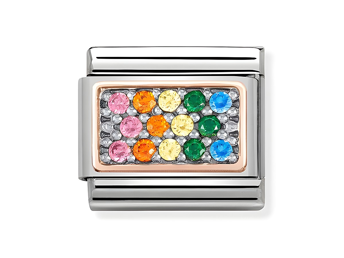 Zirkonia Charm von Nomination in Roségold mit bunten Regenbogensteinen in pink, orange, gelb, grün und blau, umgeben von einem silbernen Rahmen, ideal für elegante Armbänder.