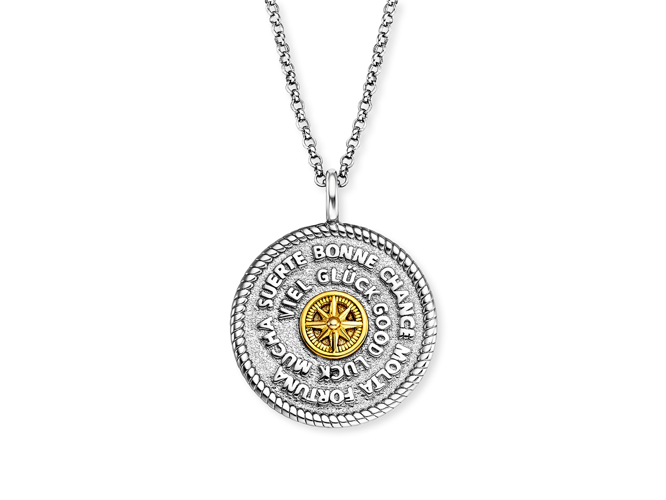 Kette mit einem bicolor Anhänger aus Gelbgold und Silber, der eine Glücksphilosophie symbolisiert und mit einem glänzenden Stern dekoriert ist, Gesamtlänge 50 cm.