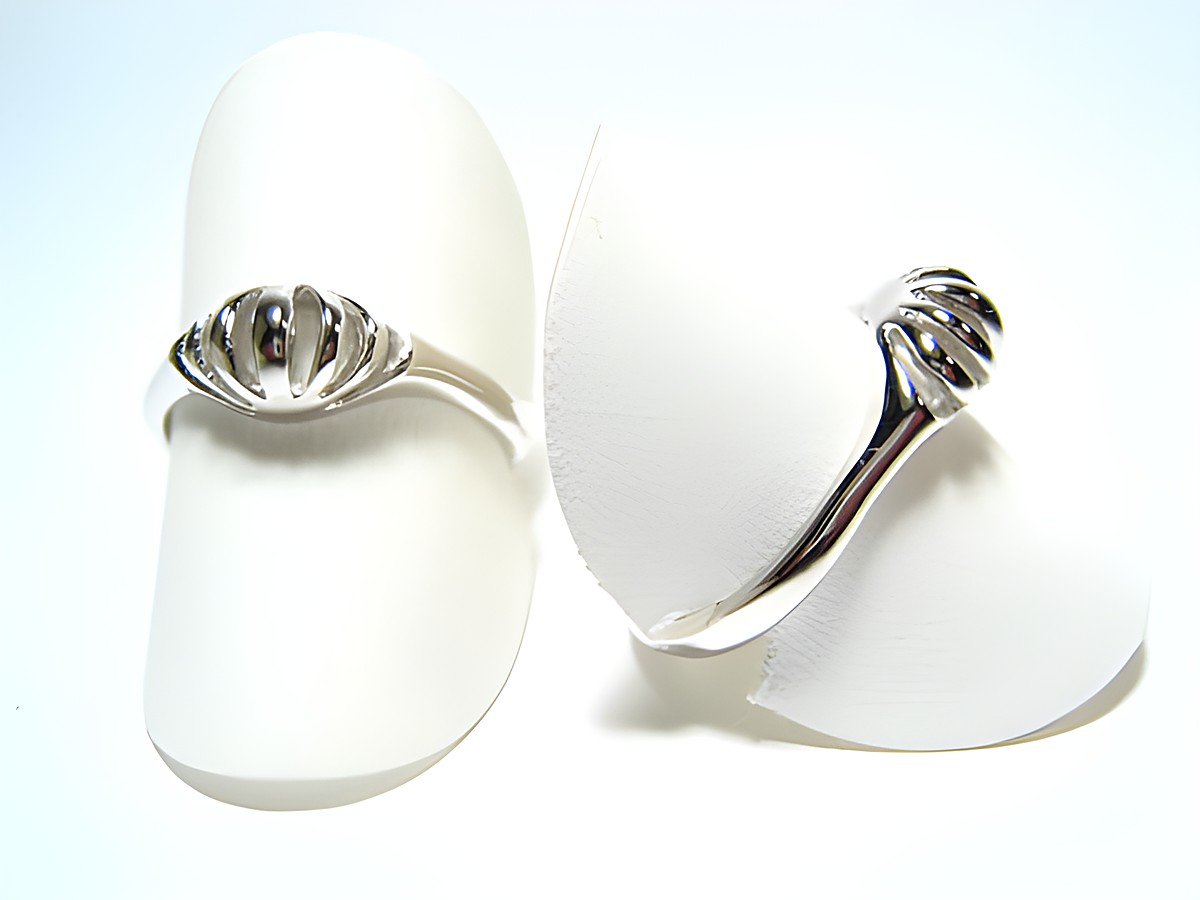 Silber Ring rhodiniert gewölbt und rundlich verstellbar, Hersteller Juwelier Harnisch, ohne Stein, auf zwei Ringen präsentiert, in glänzendem Silber.