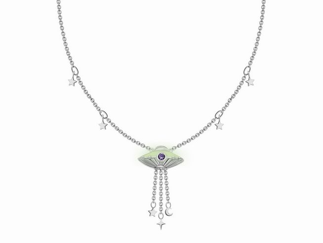 Halskette von Thomas Sabo in Silber mit leuchtendem UFO-Anhänger, verziert mit Zirkonia und emaillierten Sternen, verstellbar von 40 bis 45 cm.