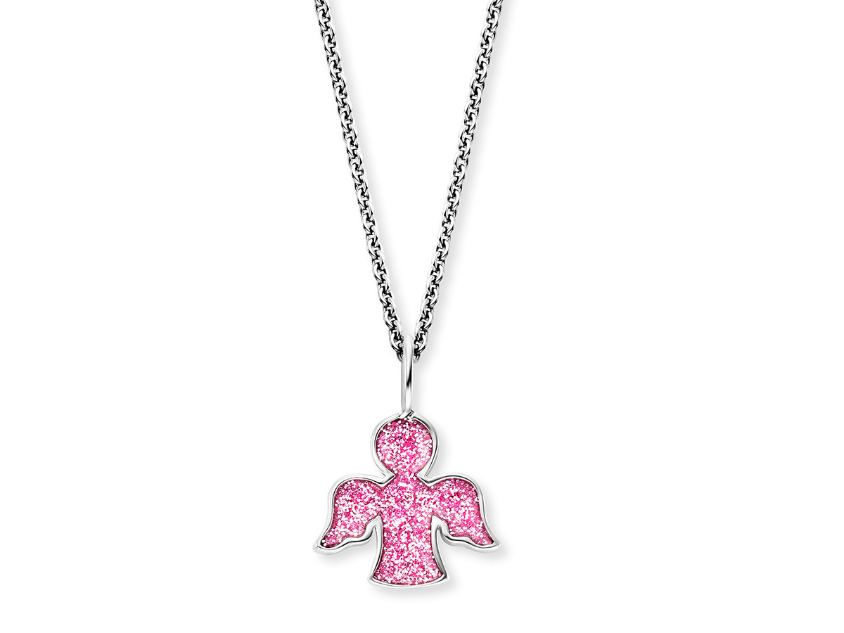 Silberne Halskette mit einem pinken, glitzernden Engel-Anhänger aus Emaille und Zirkonia, elegant und verspielt, ideal als liebevolles Schmuckstück von Herzengel.