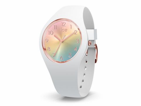 Ice-Watch ICE sunset Rainbow Small 015743 ist eine modische Uhr mit einem weißen Armband und einem Zifferblatt in sanften Regenbogenfarben, ideal für trendbewusste Käufer.