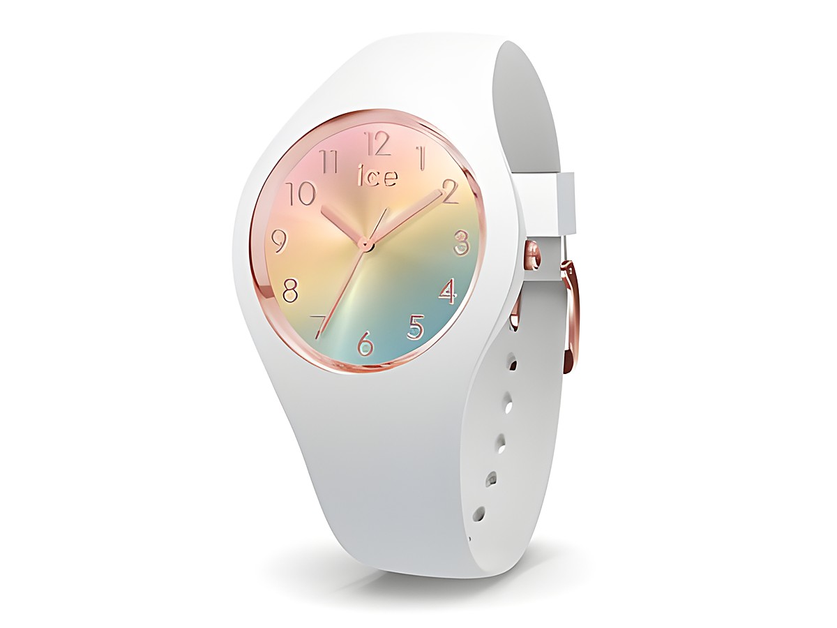 Ice-Watch ICE sunset Rainbow Small 015743 ist eine modische Uhr mit einem weißen Armband und einem Zifferblatt in sanften Regenbogenfarben, ideal für trendbewusste Käufer.