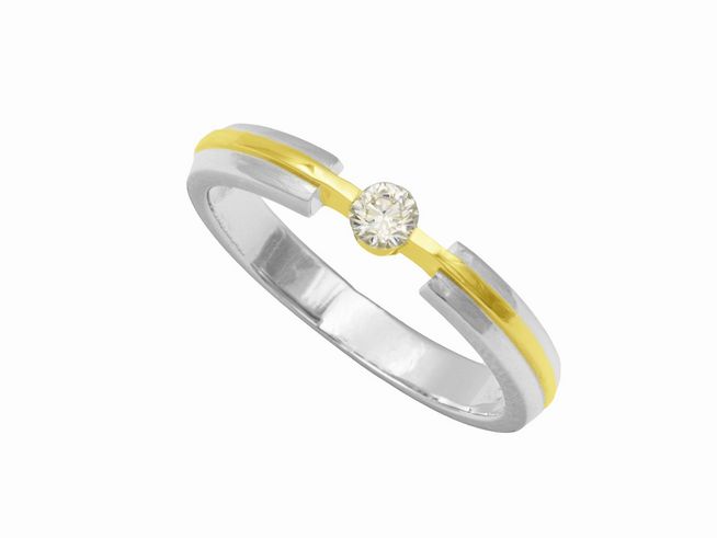 Ring schwebender Kreis aus rhodiniertem Sterling Silber mit Gelbgold Vergoldung, Größe 58, mit einem brillanten Stein in der Mitte, Hersteller Juwelier Harnisch.