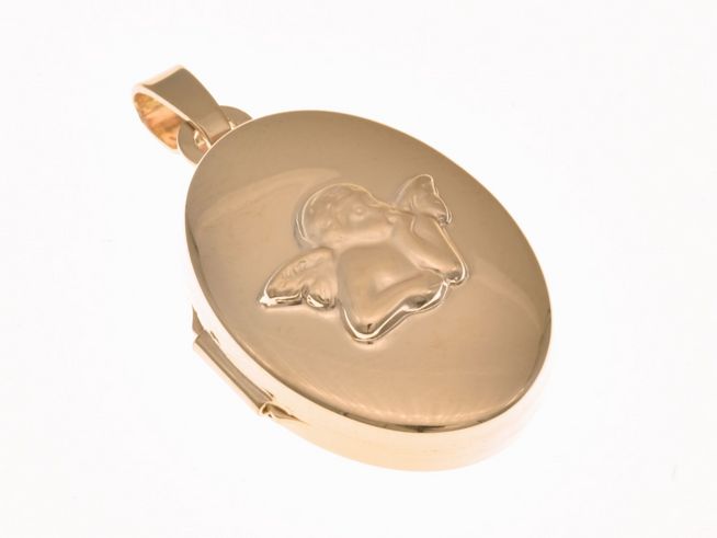 Medaillon in ovaler Form mit Schutzengel-Motiv aus Sterling Silber, roségold vergoldet, Hersteller Juwelier Harnisch, elegant und zeitlos.