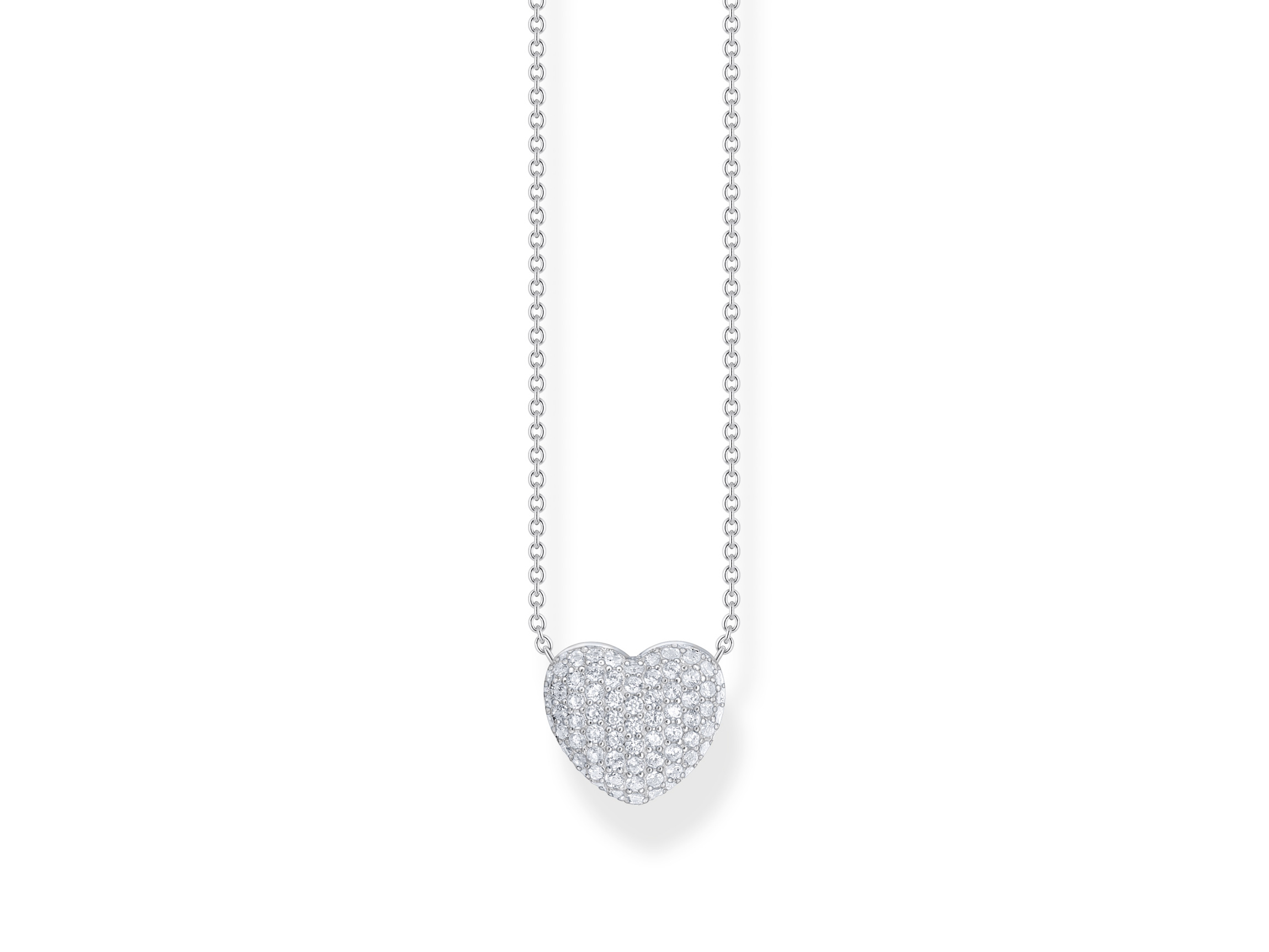 Kette mit einem herzförmigen Anhänger aus silbernem Material, besetzt mit Zirkonia, in einer Länge von 40 bis 45 cm, von Thomas Sabo, Modell KE2277-051-14-L45V, in weiß.