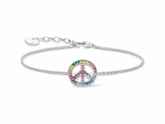Silbernes Armband von Thomas Sabo mit geschmeidiger Kette, geschmückt mit einem bunten Peace-Zeichen aus Glas-Keramik, synthetischem Korund und Zirkonia, passend für einen Umfang von 16 bis 19 cm.