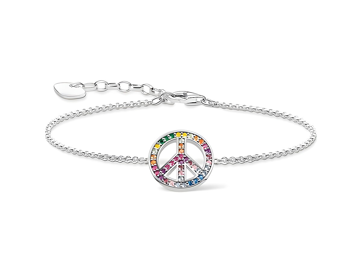 Silbernes Armband von Thomas Sabo mit geschmeidiger Kette, geschmückt mit einem bunten Peace-Zeichen aus Glas-Keramik, synthetischem Korund und Zirkonia, passend für einen Umfang von 16 bis 19 cm.