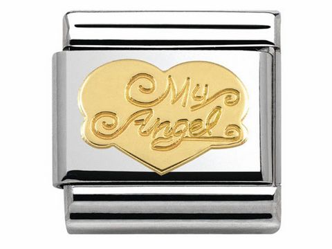 Edelstahl Charm mit einem Herzmotiv und der Gravur My Angel in 18K-Gold, Hersteller Nomination, aus der Kollektion Classic LOVE.