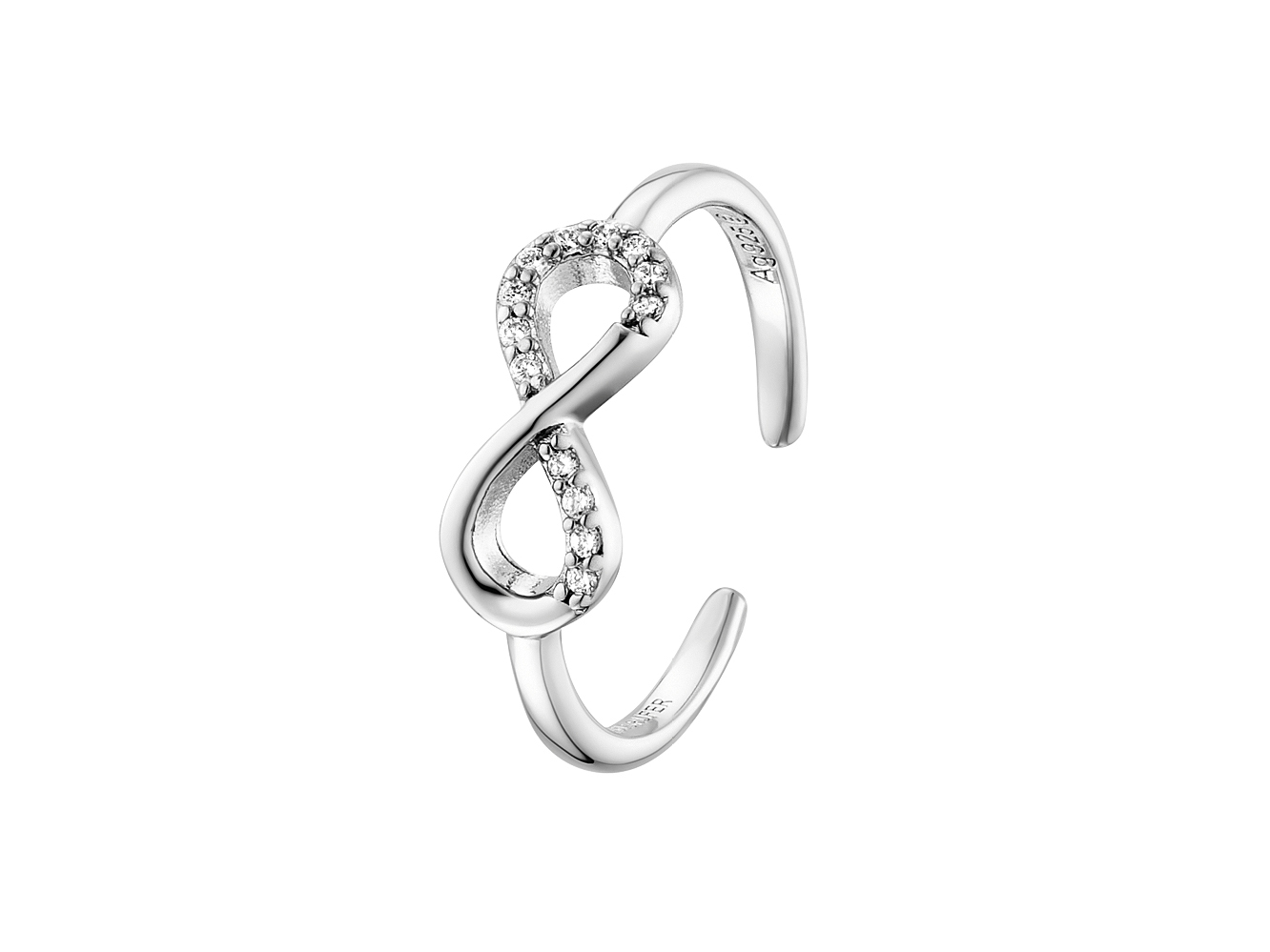 Engelsrufer ERR-INFINITY-ZI Infinity Ring aus rhodiniertem Silber mit Zirkonia, zeigt ein elegantes Unendlichkeitssymbol, das mit funkelnden Steinen verziert ist und stilvolles Design verkörpert.