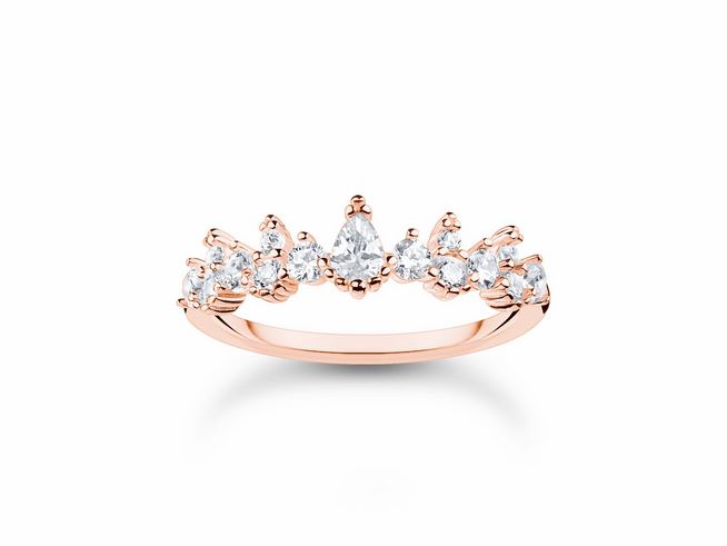 Ring aus vergoldetem Sterlingsilber in Roségold mit Zirkonia, filigranes Design mit mehreren funkelnden Steinen, Größe 56, eleganter Schmuck von Thomas Sabo.