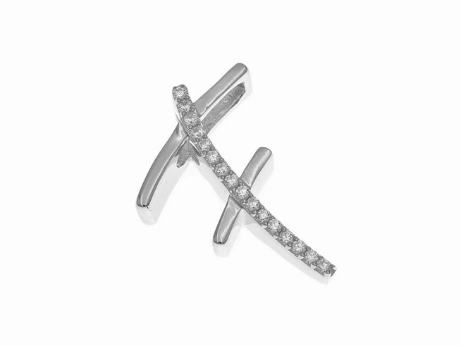 Anhänger aus rhodiniertem Sterling Silber in Form des Buchstabens F, poliert und besetzt mit funkelnden Zirkonia-Steinen, gefertigt von Juwelier Harnisch.