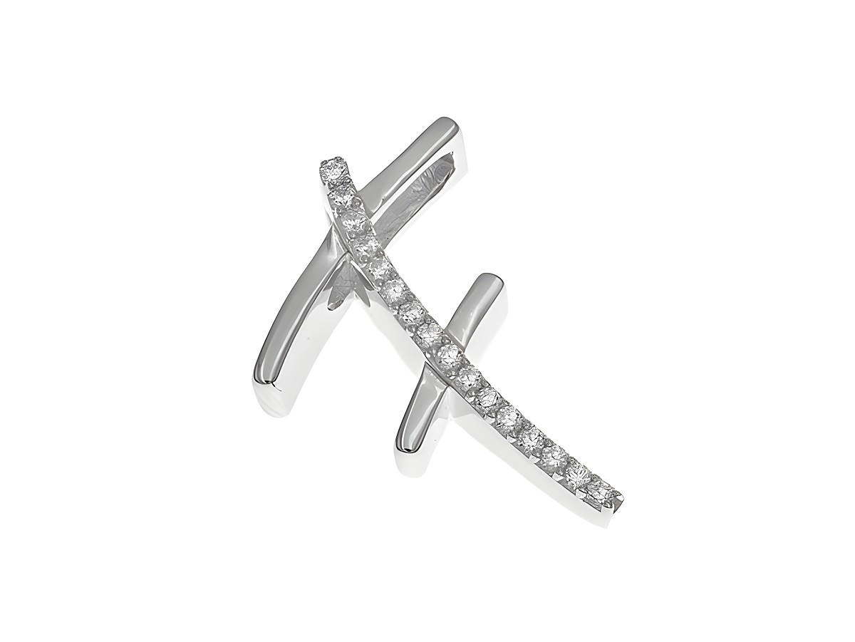Anhänger aus rhodiniertem Sterling Silber in Form des Buchstabens F, poliert und besetzt mit funkelnden Zirkonia-Steinen, gefertigt von Juwelier Harnisch.