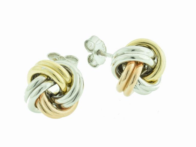 Ohrringe Knoten Tricolor aus Silber 925, verschlungenes Design in drei Farben, Hersteller Juwelier Harnisch, Ohrstecker ohne Stein, elegant und stilvoll.