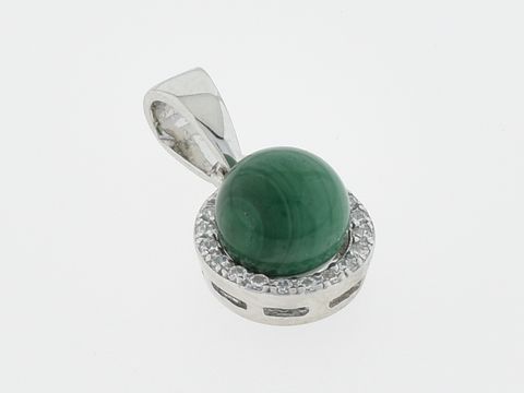 Silber Anhänger rund aus edlem Silber mit Malachit und klaren Zirkonia, hergestellt von Juwelier Harnisch, verziert mit weiteren Steinen, glänzendes und elegantes Design.