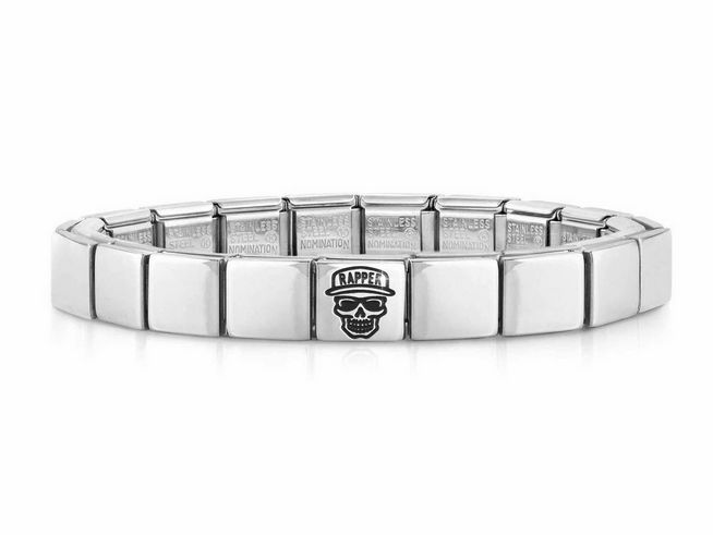 423910140-0 Edelstahl Armband von Nomination mit einem auffälligen Schädeldesign und dem Schriftzug Rapper, stilvolles Accessoire für trendbewusste Kunden.