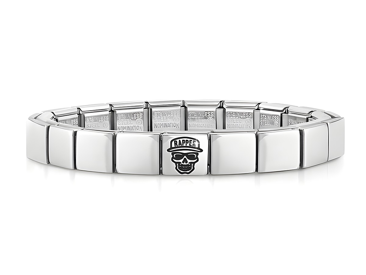 Edelstahl Armband von Nomination mit einem auffälligen Schädeldesign und dem Schriftzug Rapper, stilvolles Accessoire für trendbewusste Kunden.