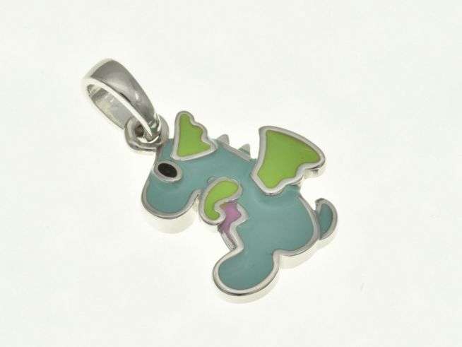 304498-0 Drache Anhänger aus rhodiniertem Sterling Silber mit farbigem Lack, verspieltes Design für Kinder, Hersteller Juwelier Harnisch, ideal als Schmuckstück oder Geschenk.