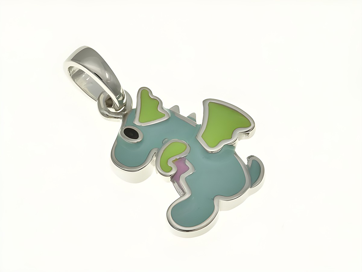 Drache Anhänger aus rhodiniertem Sterling Silber mit farbigem Lack, verspieltes Design für Kinder, Hersteller Juwelier Harnisch, ideal als Schmuckstück oder Geschenk.