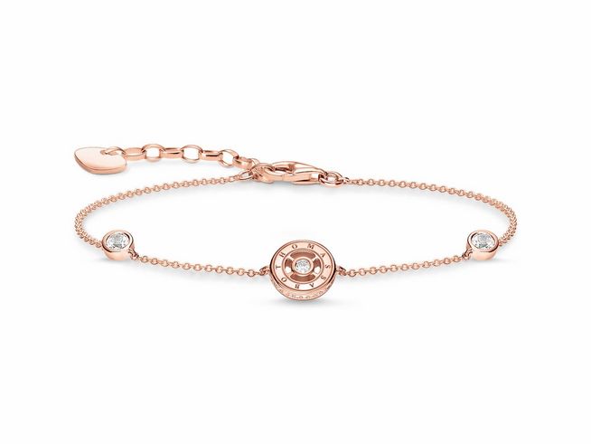 Silber vergoldetes Roségold Armband von Thomas Sabo mit Zirkonia in Weiß, filigranes Design, drei dekorative Elemente, anpassbare Länge von 16 bis 19 cm.