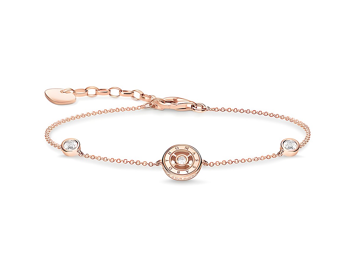 Silber vergoldetes Roségold Armband von Thomas Sabo mit Zirkonia in Weiß, filigranes Design, drei dekorative Elemente, anpassbare Länge von 16 bis 19 cm.