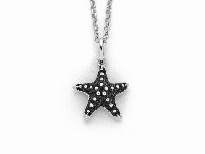Sterling Silber Kette mit einem Seestern-Anhänger aus Lavasand, verziert mit kleinen, glänzenden Elementen, Gesamtlänge 45 cm.