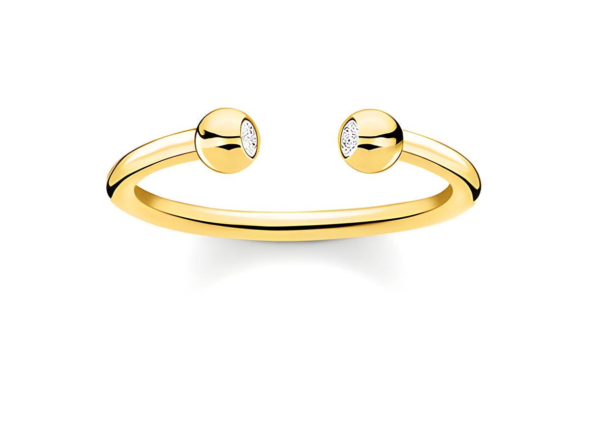 Silberner Ring von Thomas Sabo in Gr. 48 mit Gelbgold-Elementen und klaren Zirkonia-Steinen, minimalistische, elegante Design mit offenen Enden.