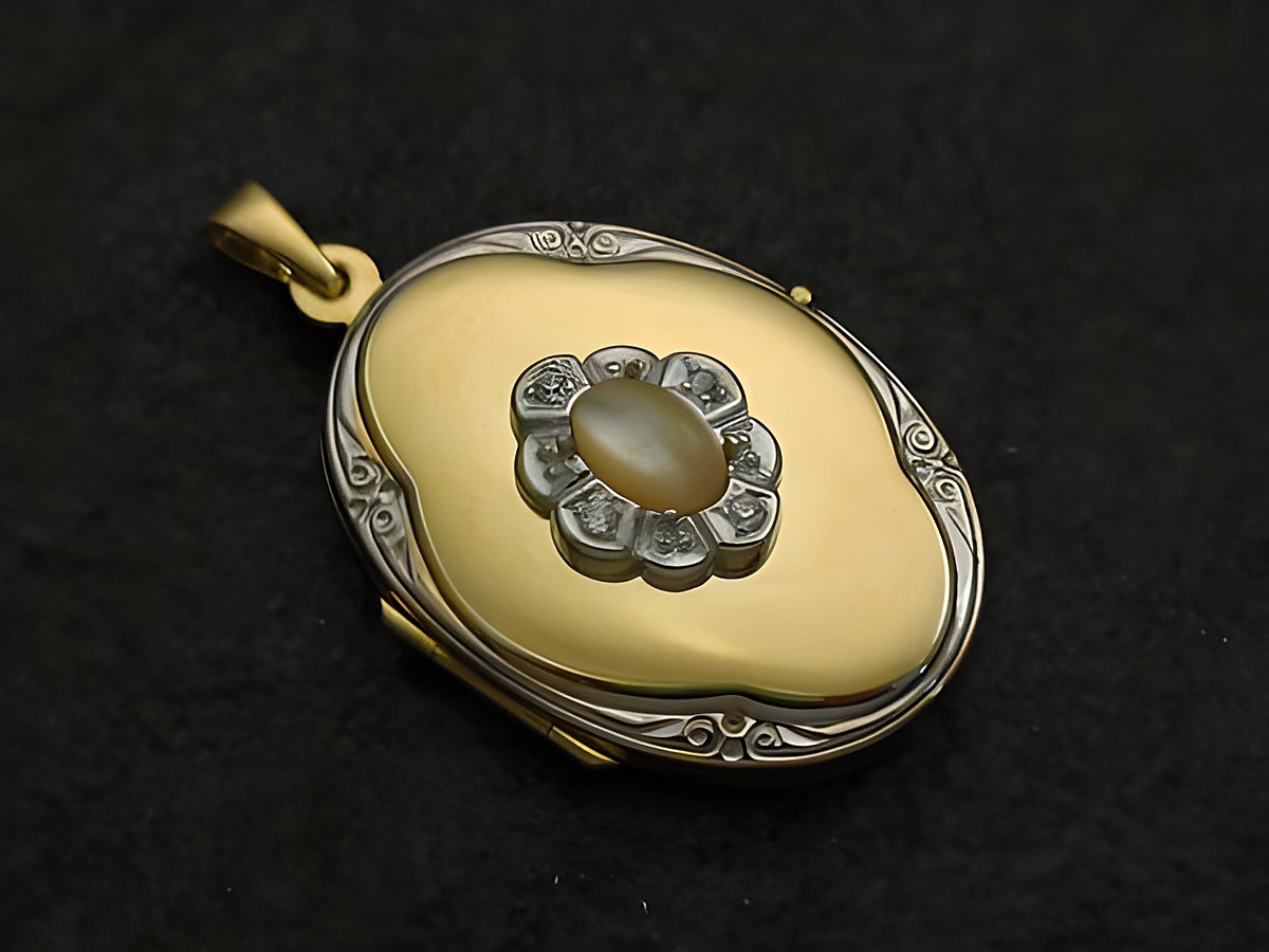 Medaillon aus Gold 585 in bicolor mit einem Perlmutt Cabochon und funkelnden Steinen in der Mitte, Hersteller Juwelier Harnisch, elegantes Schmuckstück für besondere Anlässe.