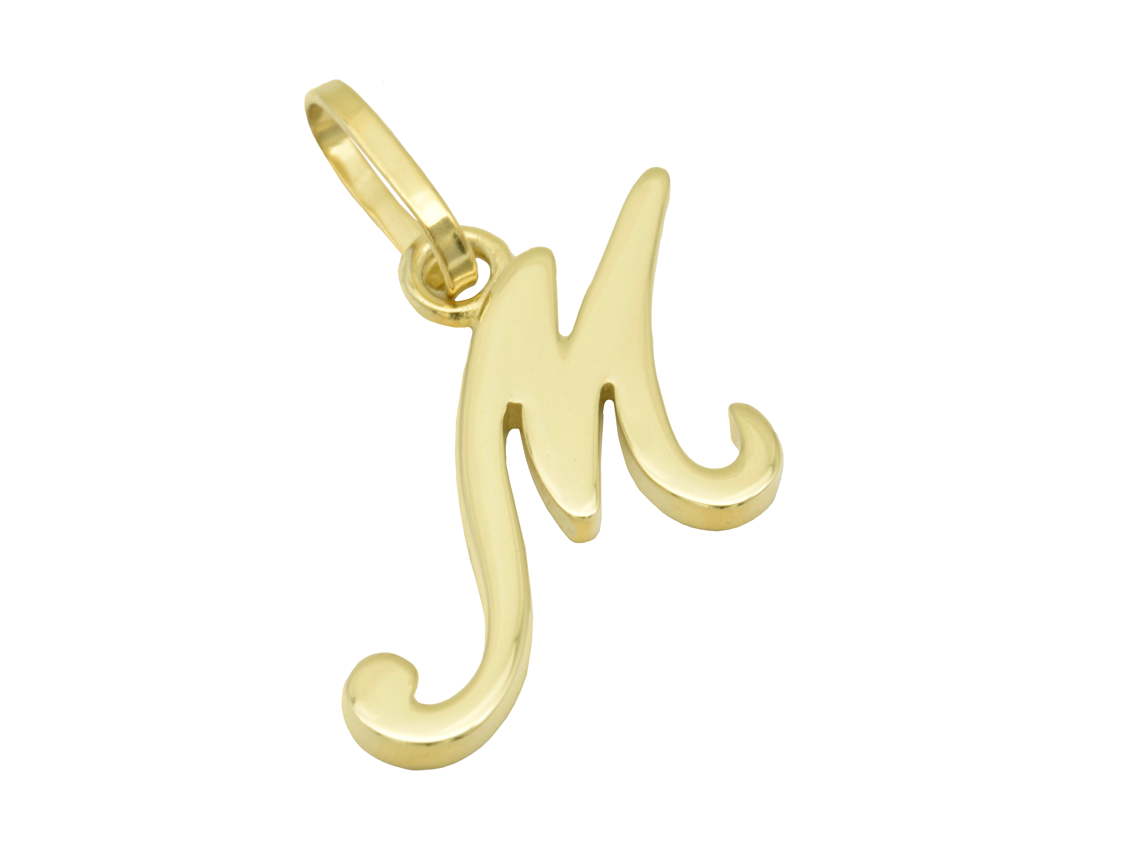 Buchstabenanhänger M aus Gelbgold 333, poliert, mit elegant geschwungenen Formen, hergestellt von Juwelier Harnisch, ideal als persönliches Schmuckstück oder Geschenk.
