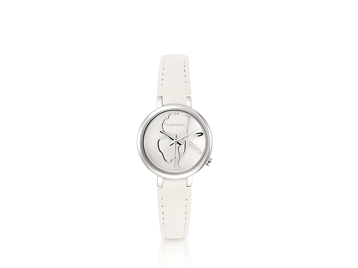 Nomination Classic Time Collection Uhr 076000 013 mit weißem Lederarmband. Die Uhr hat ein schlichtes, elegantes Design und ein silbernes Gehäuse mit einem klaren Zifferblatt. – Ansicht 2