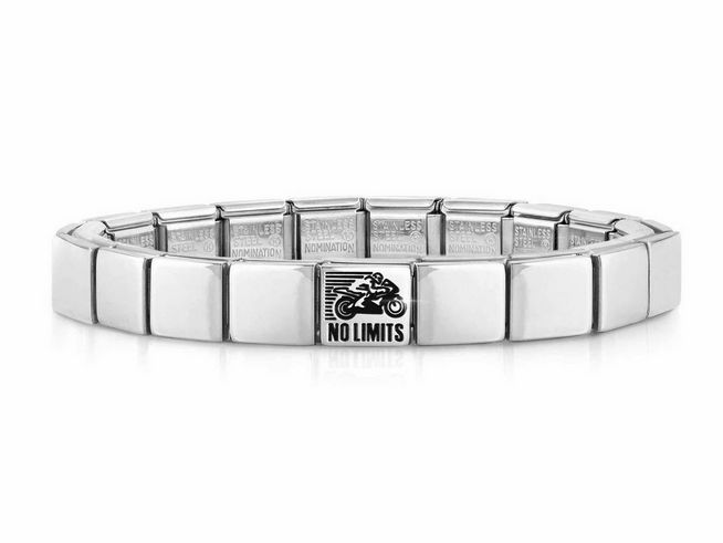 423910133-0 Edelstahl Armband von Nomination mit dem Motiv Moto NoLimits, glänzende Oberfläche, mit einem speziellen Motorraddesign in der Mitte, modern und sportlich.