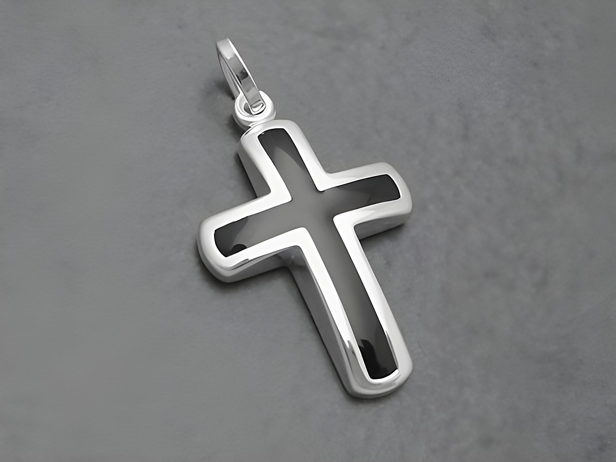 Kreuz massiv glanz schwarz aus Sterling Silber mit lack schwarzer Oberfläche und Stein, Hersteller Juwelier Harnisch, elegantes Design für schmuckvolle Akzente.