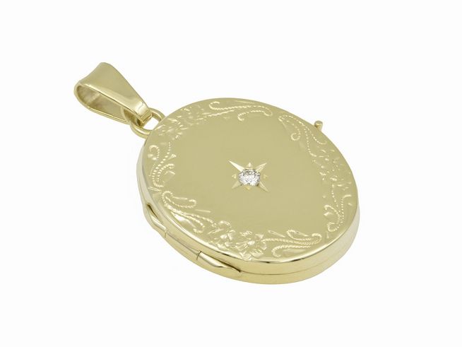 Ovales Gold Medaillon mit floralem Muster und Brillant, aus 585 Gold, Hersteller: Juwelier Harnisch, mit Stein.