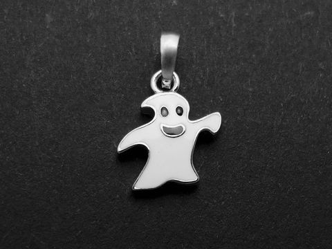 Gespenst Silber Anhänger rhodiniert in schwarz und weiß, Darstellung eines freundlichen Geistes, geeignet für Kinder, Hersteller Juwelier Harnisch.