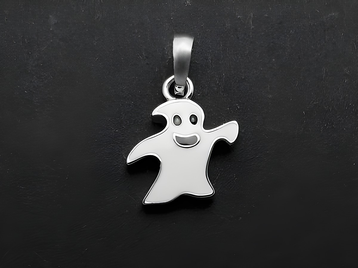 Gespenst Silber Anhänger rhodiniert in schwarz und weiß, Darstellung eines freundlichen Geistes, geeignet für Kinder, Hersteller Juwelier Harnisch.