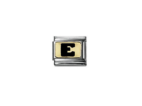 Schwarze Buchstabe E 030264 05 von Nomination, gefertigt aus emailliertem Schwarz und verziert mit einem goldenen Hintergrund, ideal für individuelle Armbänder.