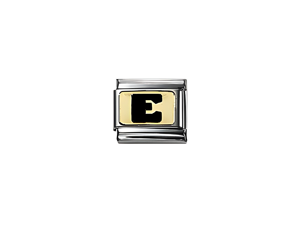 Schwarze Buchstabe E 030264 05 von Nomination, gefertigt aus emailliertem Schwarz und verziert mit einem goldenen Hintergrund, ideal für individuelle Armbänder.
