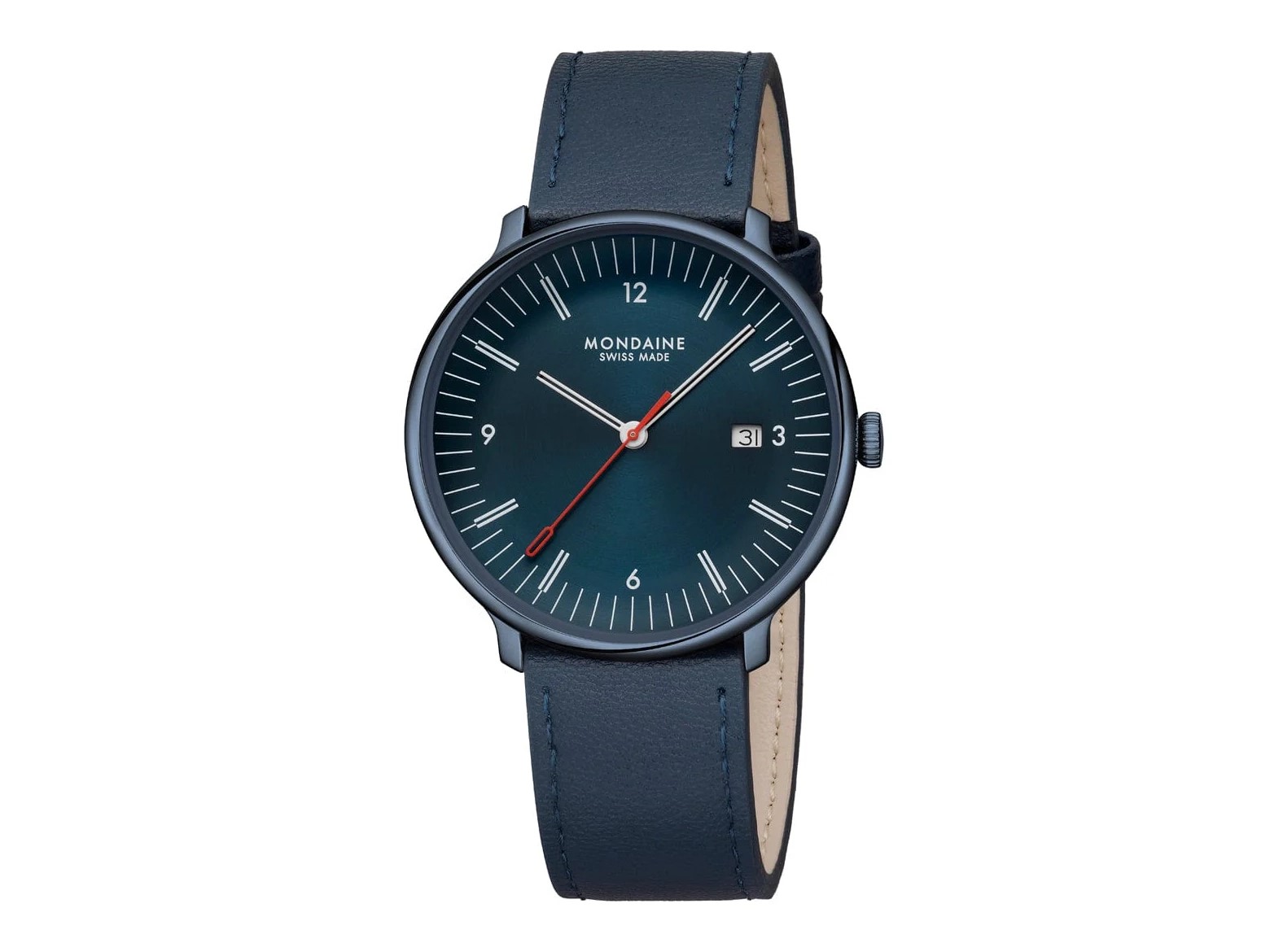 Elegante Mondaine Uhr MLE.41240.LDV Doppio in Blau mit einem 41 mm Gehäuse, schwarzem Ziffernblatt, rotem Sekundenzeiger und Lederarmband, ideal für stilbewusste Träger.
