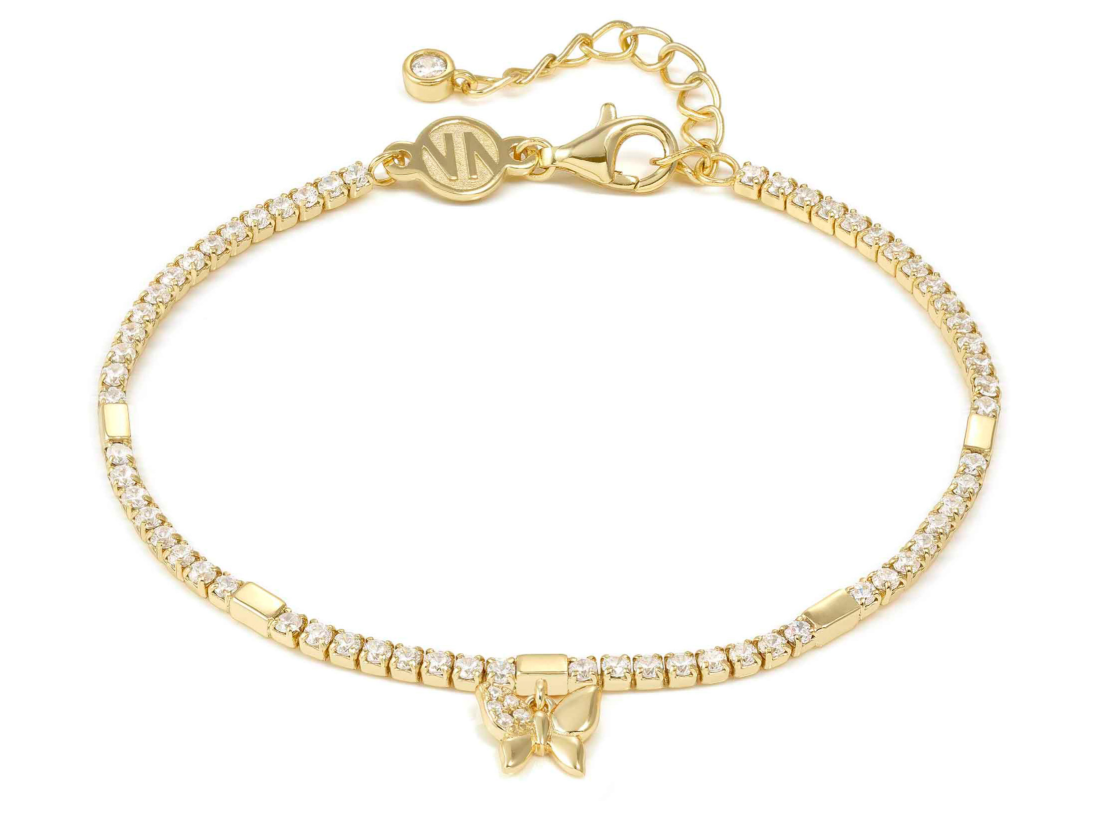 Elegantes vergoldetes Armband von Pandora aus Sterling Silber mit funkelnden Zirkonia und einem Schmetterlingsmotiv, verstellbar von 16,5 bis 19,5 cm, ideal für besondere Anlässe.